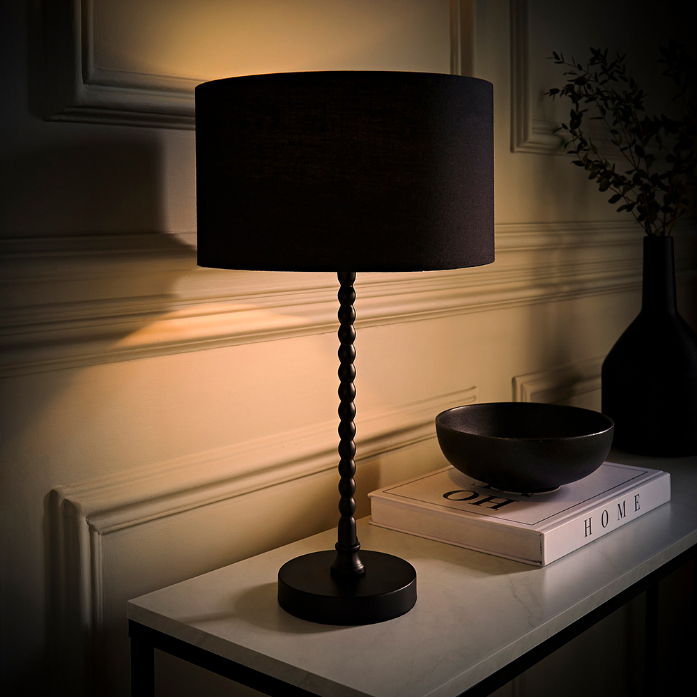 ValueLights Maeve Black Fabric Drum Shade Bobbin Bobble Table Lamp and Bulb Image 2