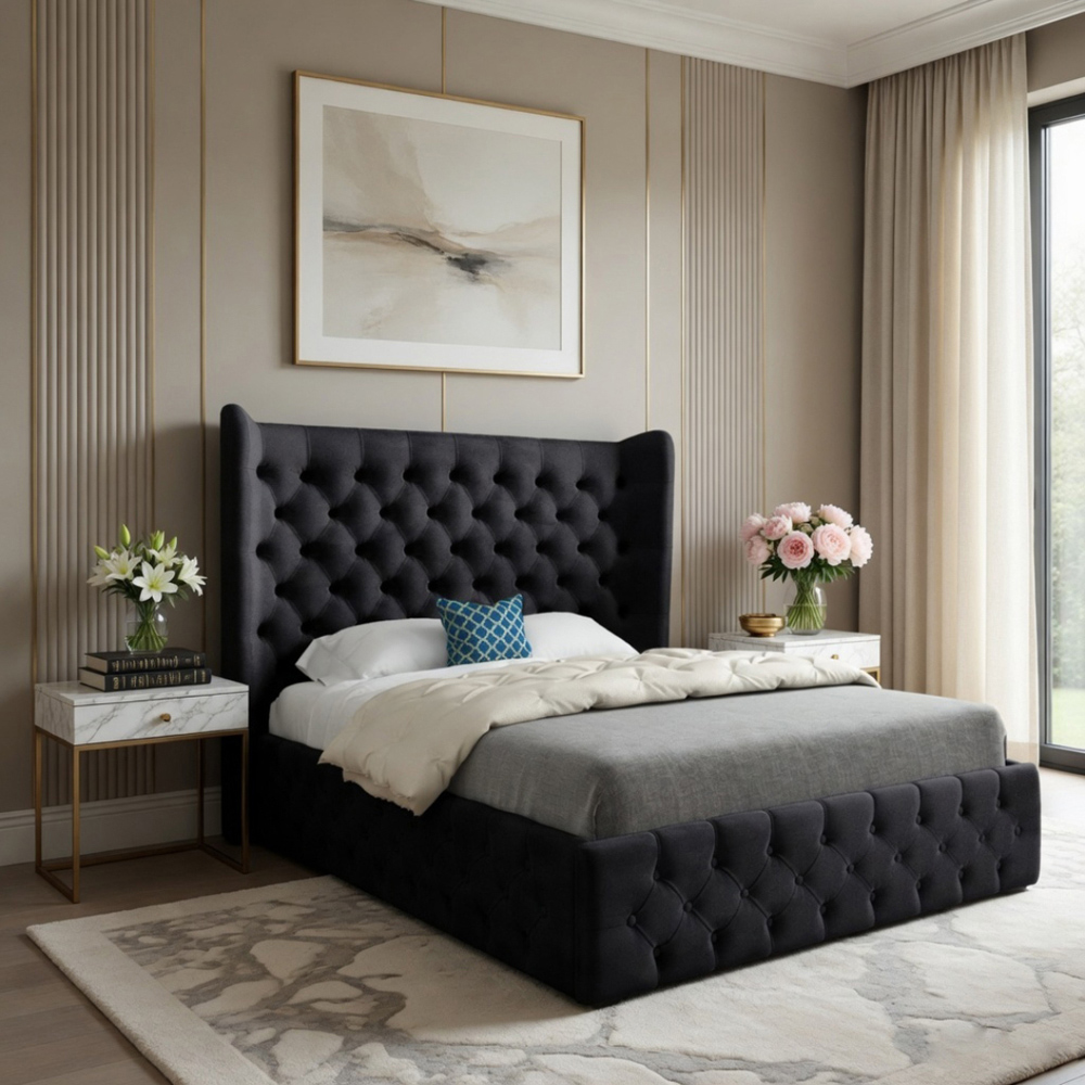 Florence Black Double Velvet Upholstered Bed Frame with Wide Winged Chesterfield Headboard Image 5