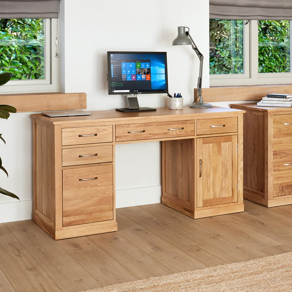 Baumhaus Mobel Single Door 4 Drawer Computer Desk Oak Image 2