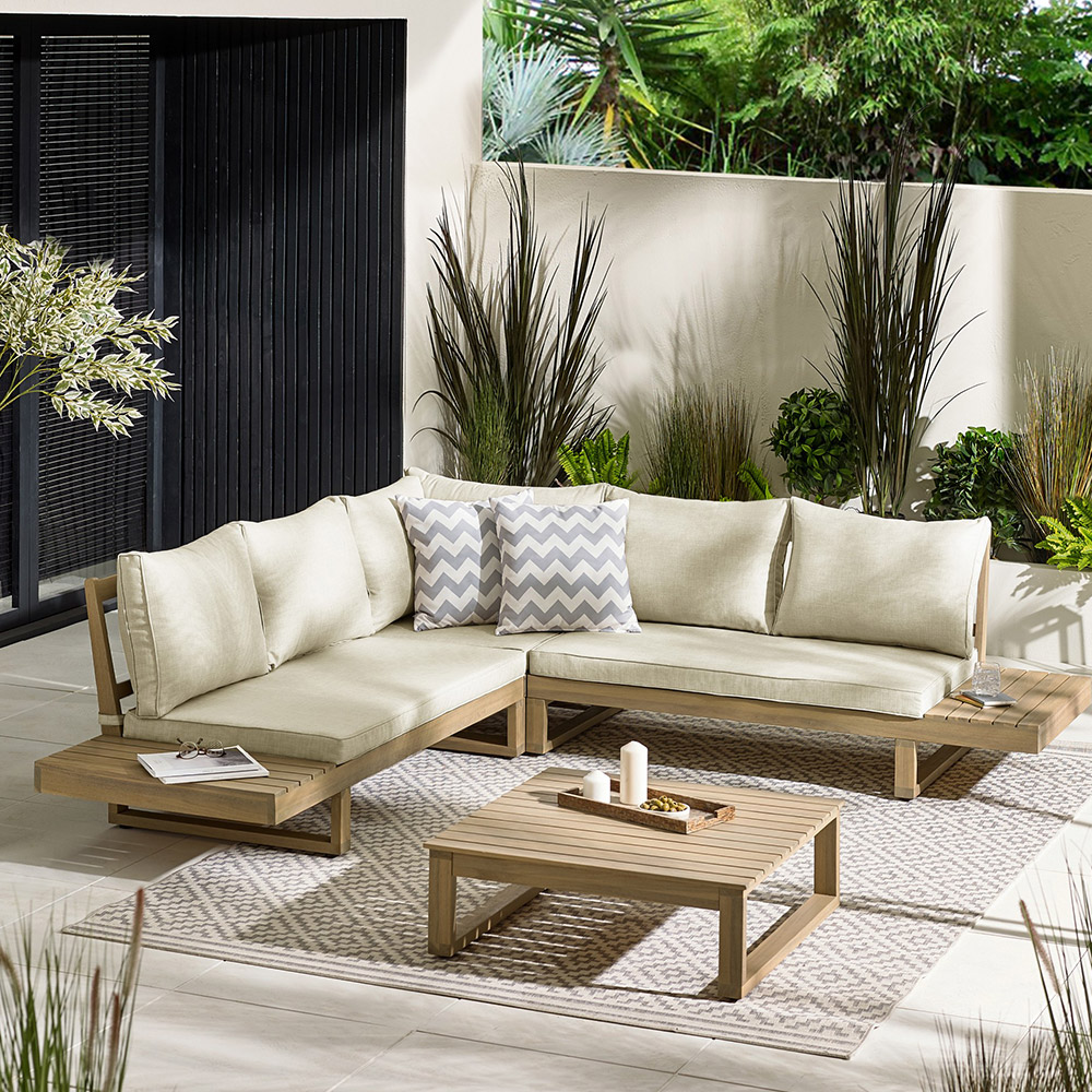 Furniturebox Sardinia 6 Seater Natural Oak Effect Wood Outdoor Sofa Set Image 1