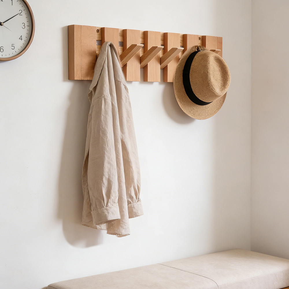Living and Home Natural Wall-Mounted Coat Rack with 6 Flip-Down Hooks Image 2