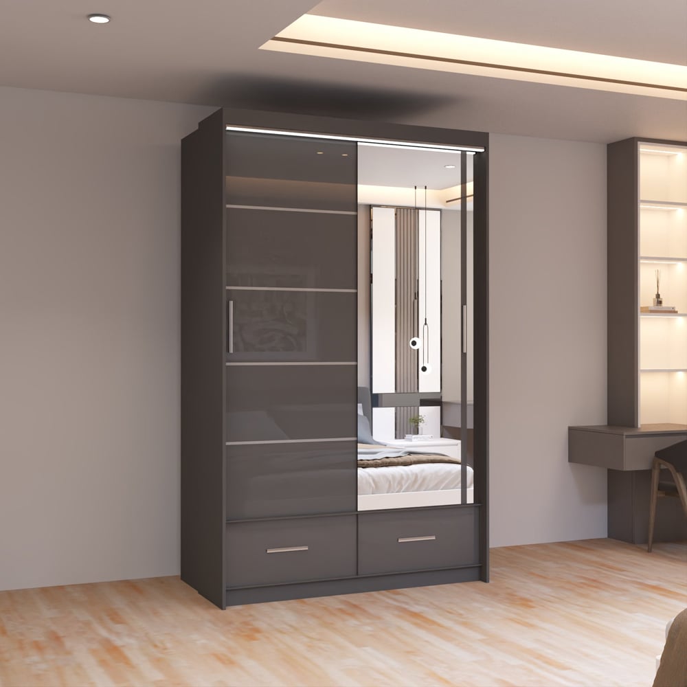 Sliding Wardrobes 4U Sycylia 2 Door 2 Drawer Grey High Gloss Mirror Wardrobe Image 3