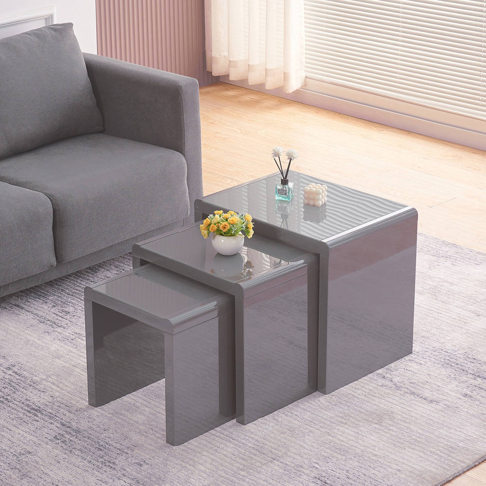 Comfy Living Grey High Gloss Glass Nest of Tables Set of 3 Image 3