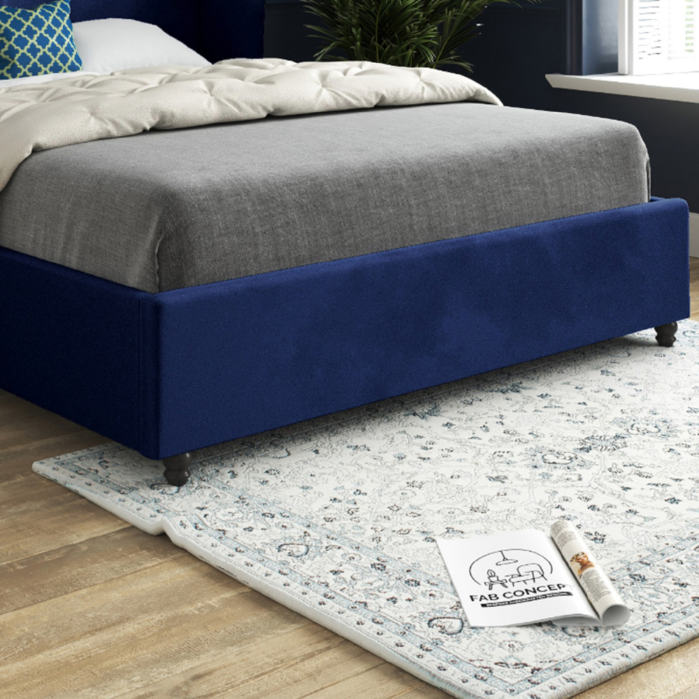 Zampa King Size Blue Soft Velvet Upholstered Bed Frame with Curved Winged Headboard Image 4