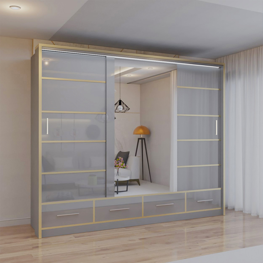 Sliding Wardrobes 4U 2 Sliding Door Grey Modern Wide High Gloss Mirrored Wardrobe 253cm Image 3