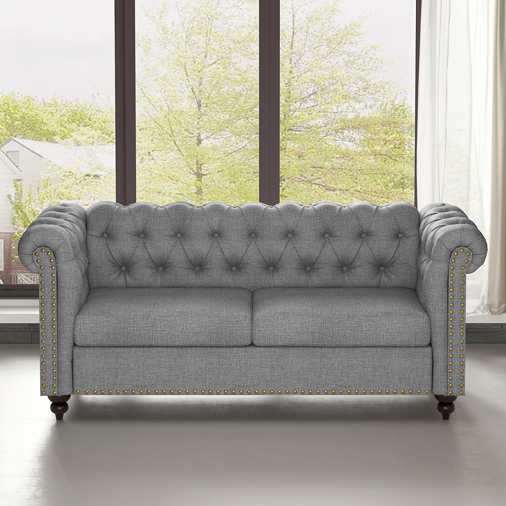 Victoria 2 Seater Grey Linen Button Tufted Chesterfield Sofa Image 5