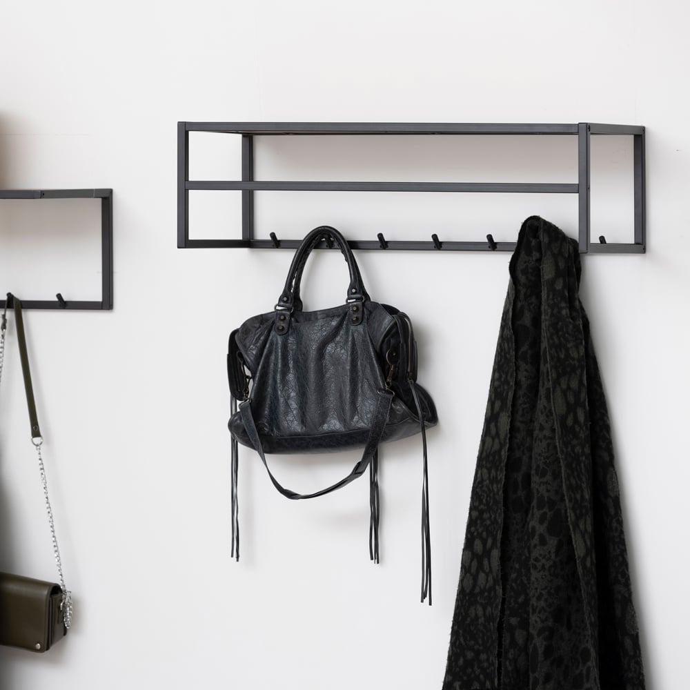 Florence Seaford Black Metal Wall Mounted Coat Rack with Oak Top Image 2