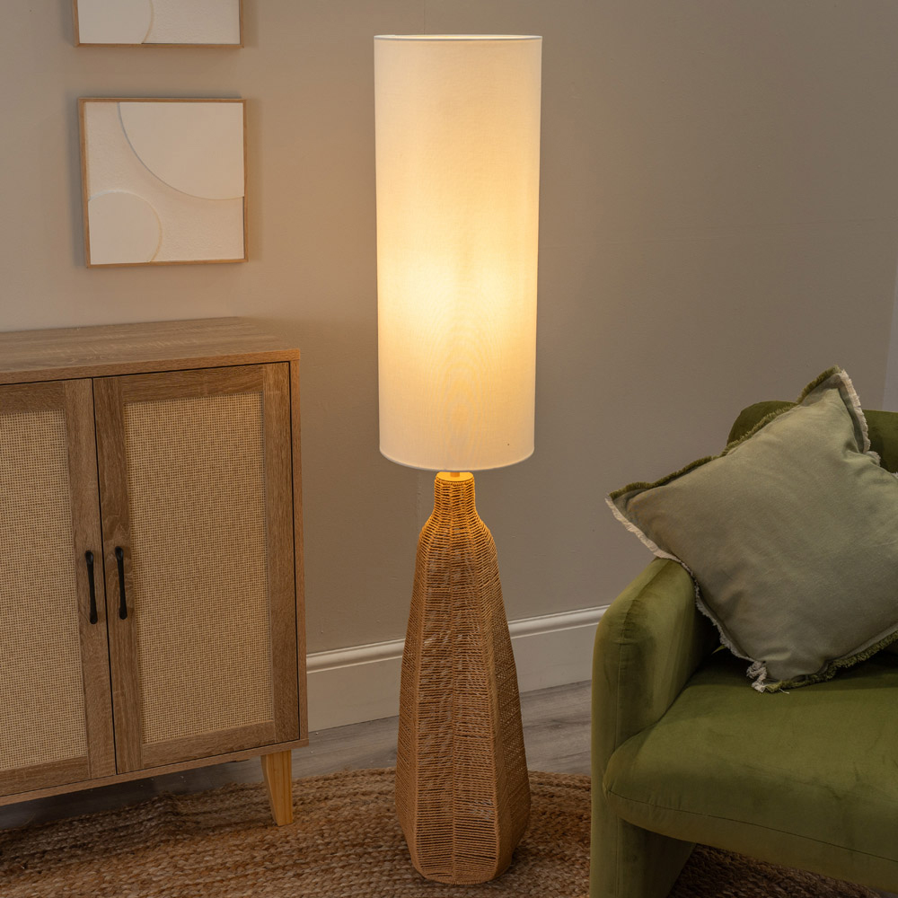 ValueLights Una White Tall Lamp Shade Natural Rattan Midi LED Floor Lamp Image 2