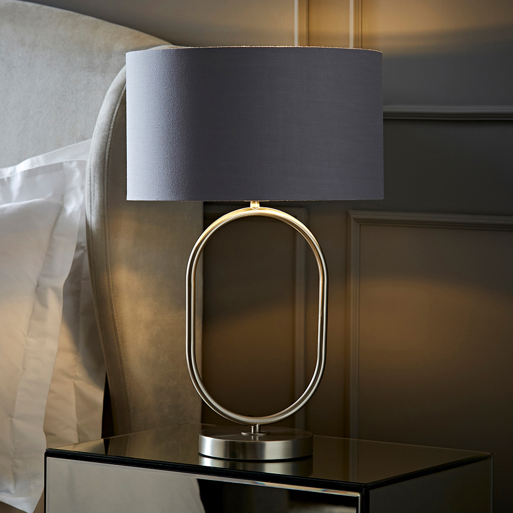 ValueLights Antonia Grey with Chrome Drum Shade Brushed Chrome Oval LED Table Lamp Image 6
