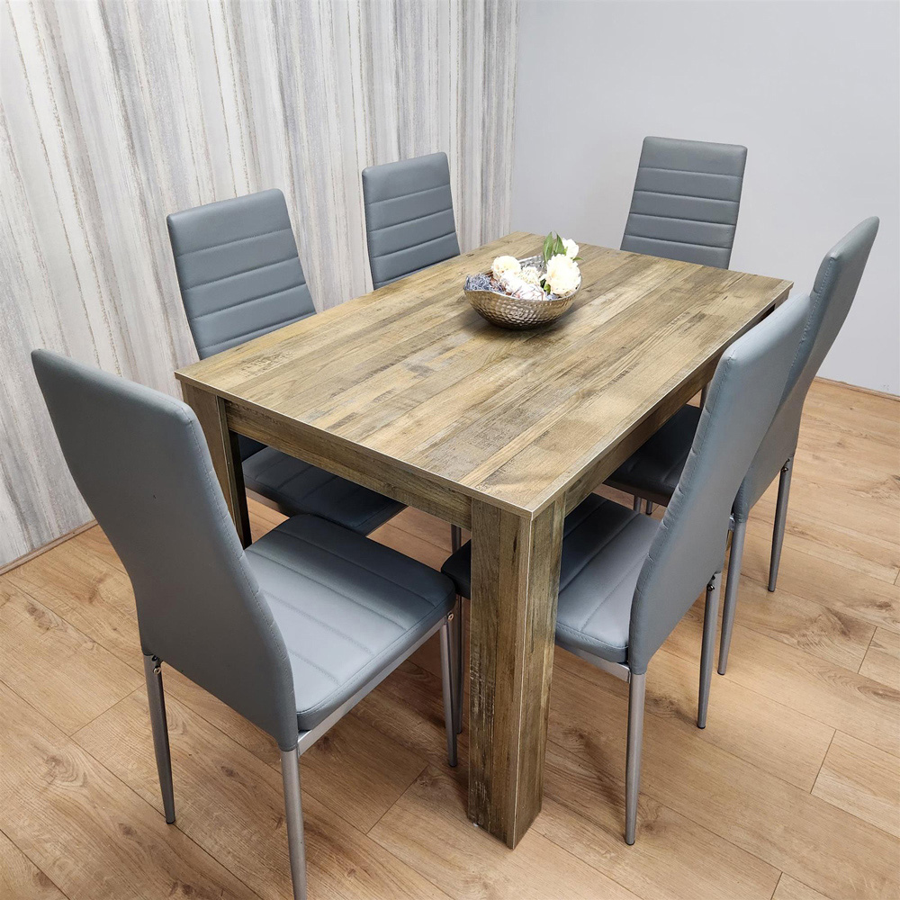 Portland 6 Seater Leather Dining Set Rustic Effect and Grey Image 4