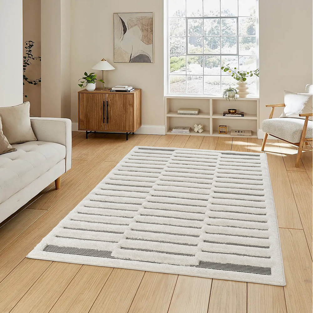 Freya Living Room Area Rug Contemporary 3D Embossed Modern Stripe Bar Design - Cream 120cm x 170cm Image 2