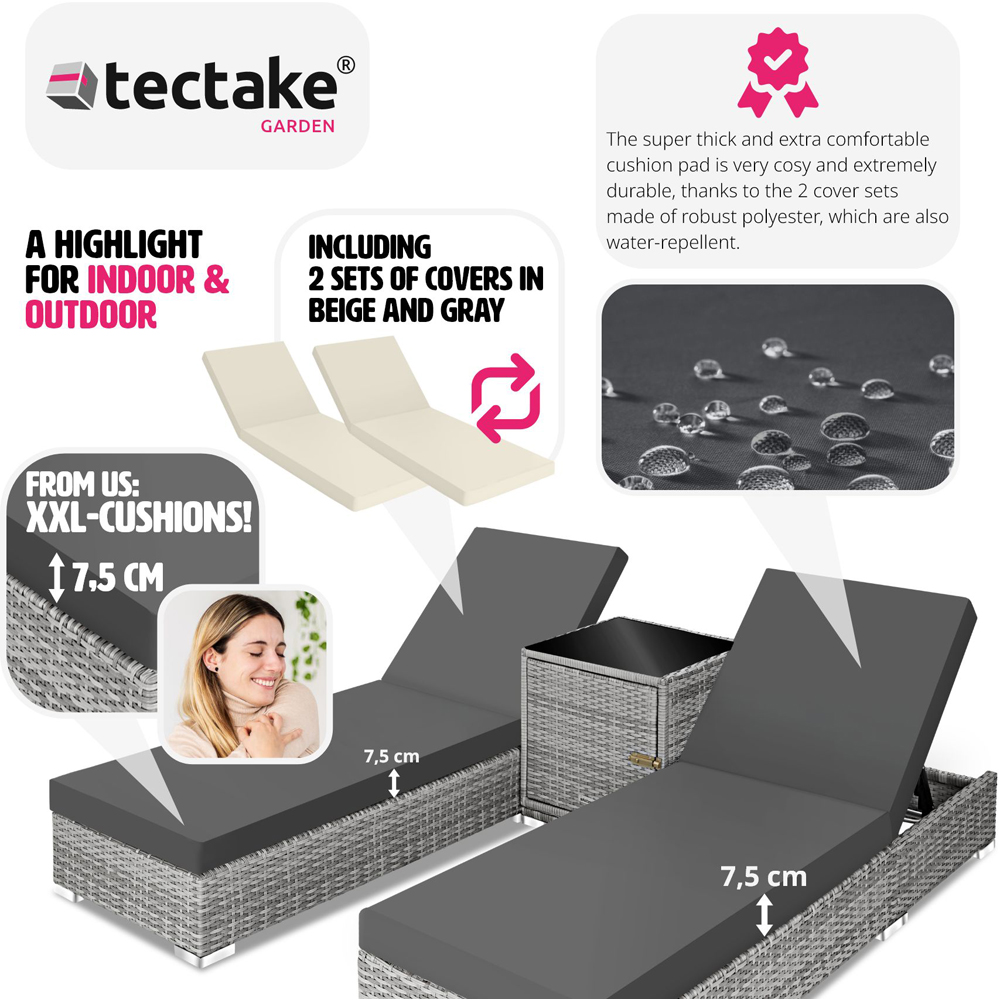 tectake Set of 2 Light Grey Sun Lounger Image 6