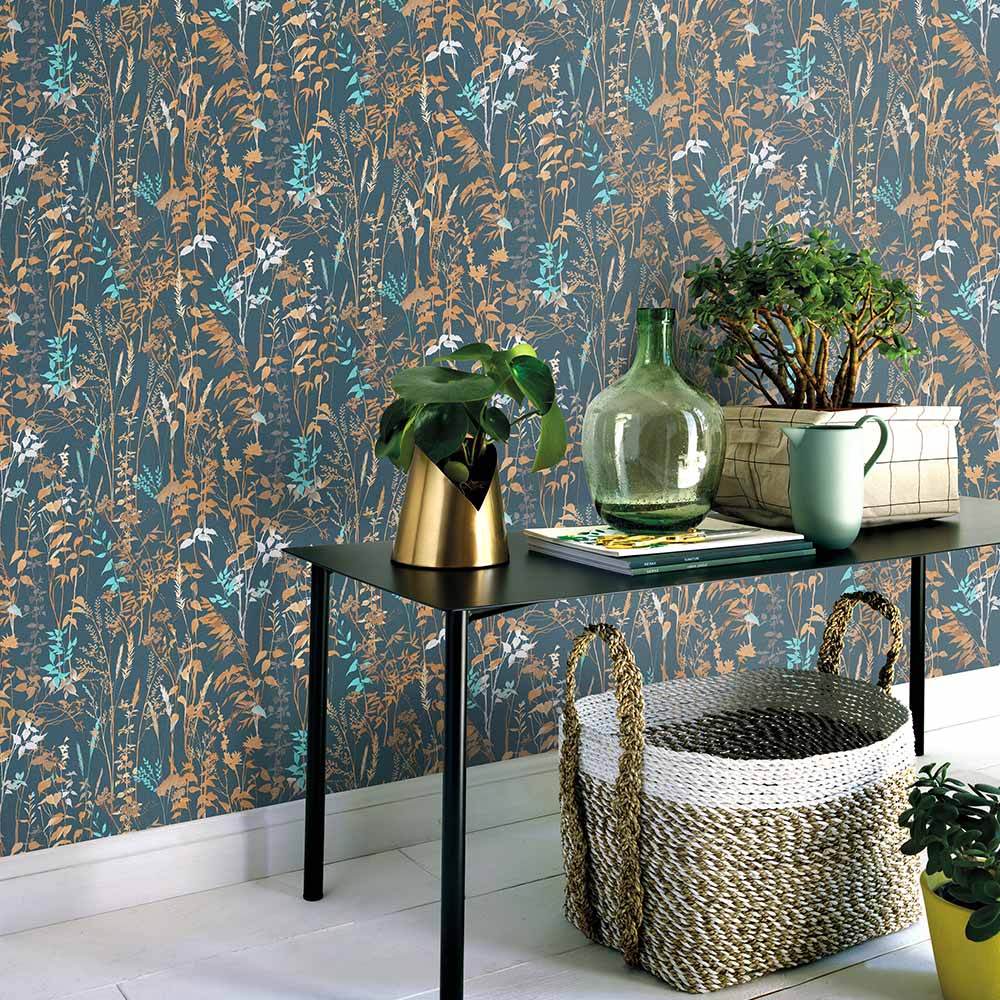 Erismann Meadow Floral Leaves Blue Wallpaper Image 3