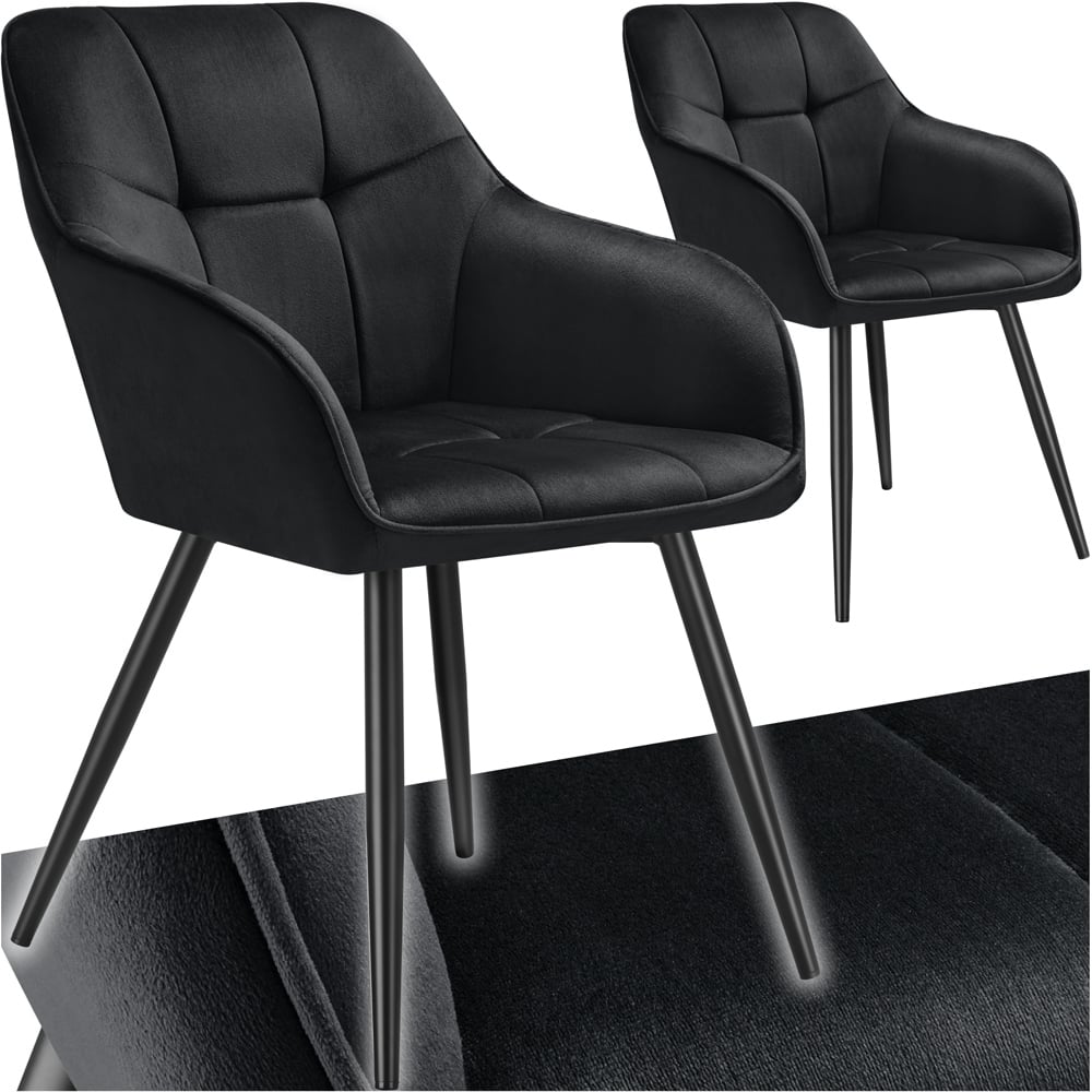 tectake Marilyn Set of 2 Black Velvet Quilted Dining Chair with Armrest Image 2