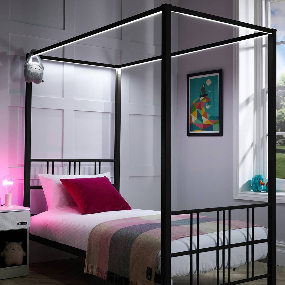 XR Living Fern Single Black 4 Poster Bed with White Soft Glow LED Light Image 2