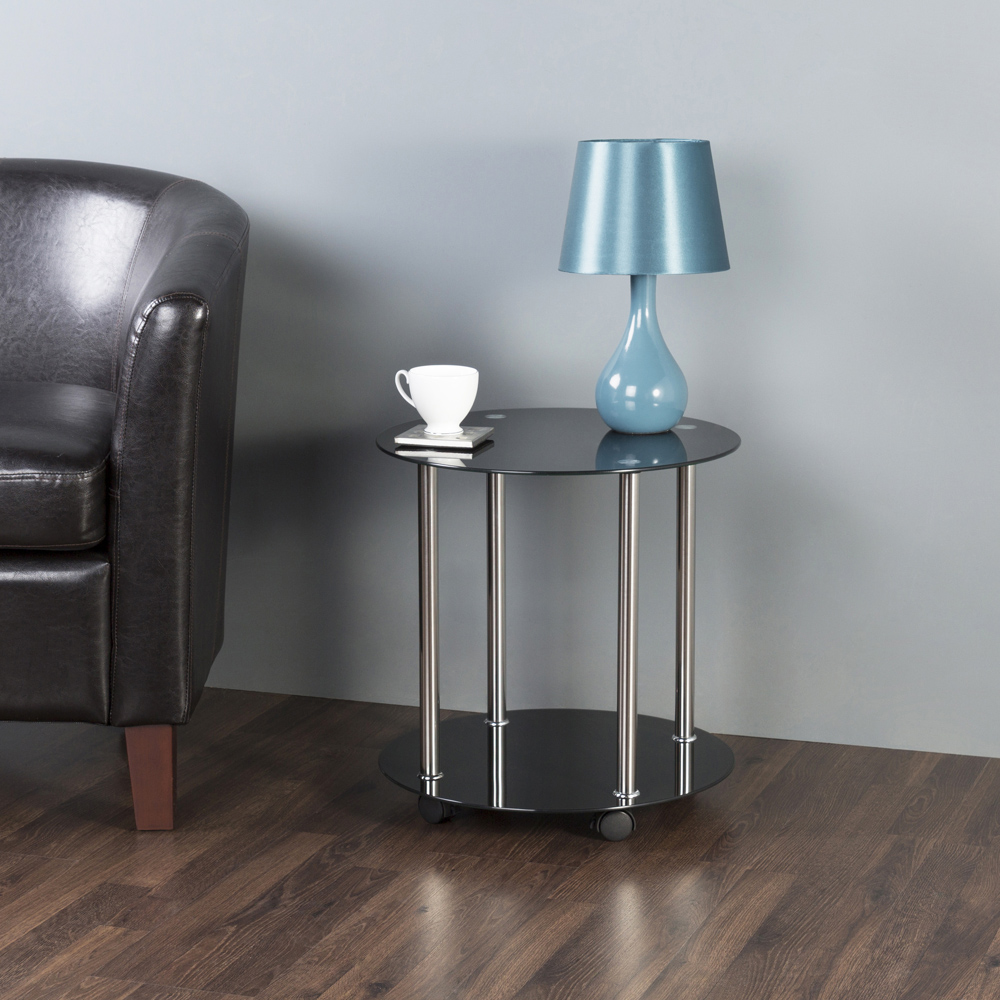 AVF Black Glass and Chrome Round Lamp Table with Wheels Image 5