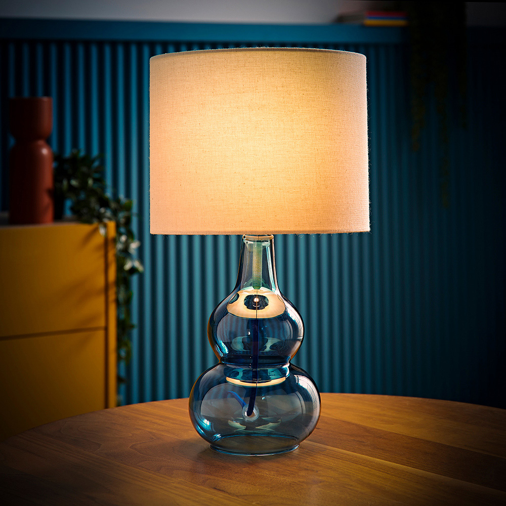 ValueLights Aida Natural Linen Tall Lamp Shade Blue Bubble Glass LED Table Lamp Image 2