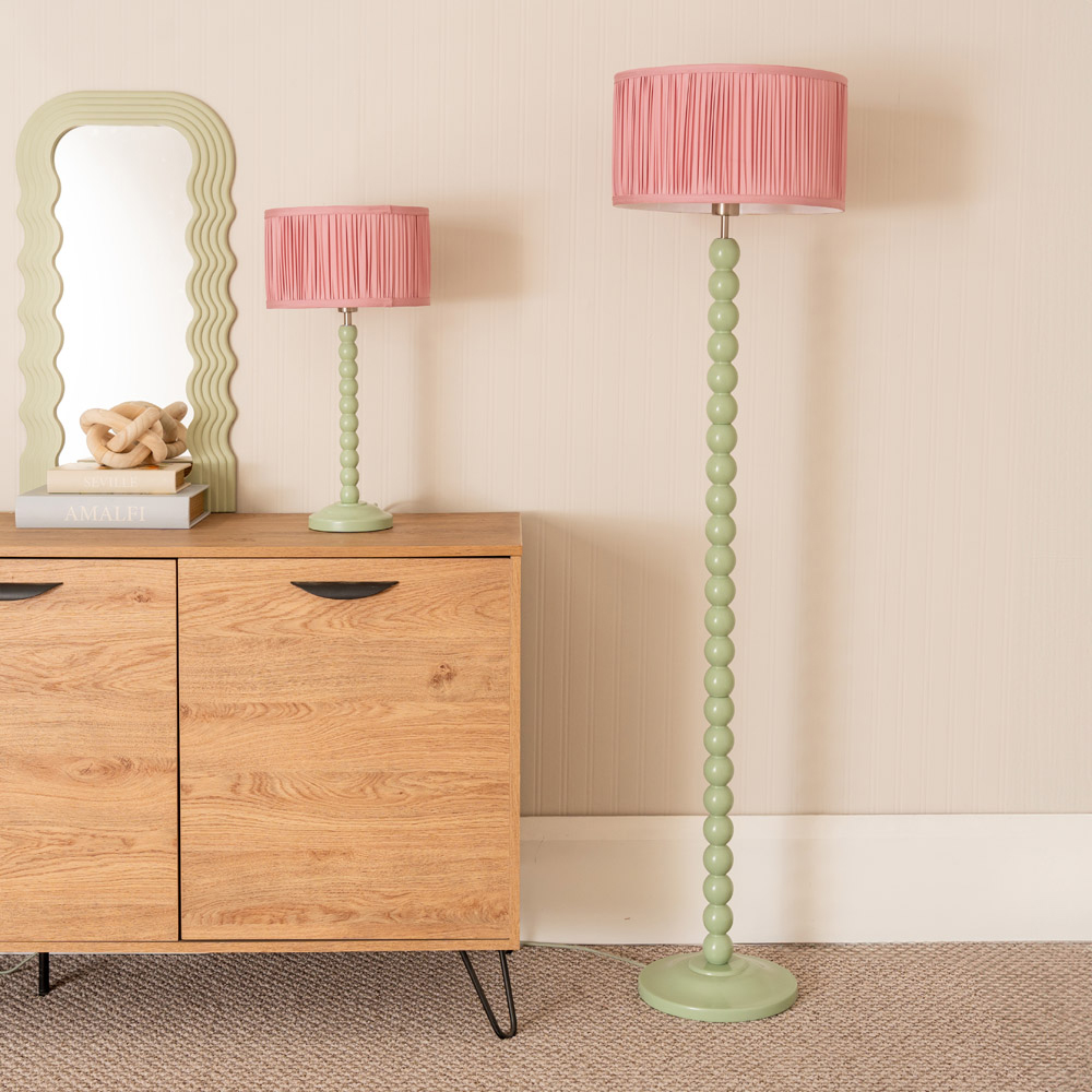 ValueLights Bobbins Ruched Pleated Blush Pink Drum Shade Sage Green LED Table Lamp Image 5