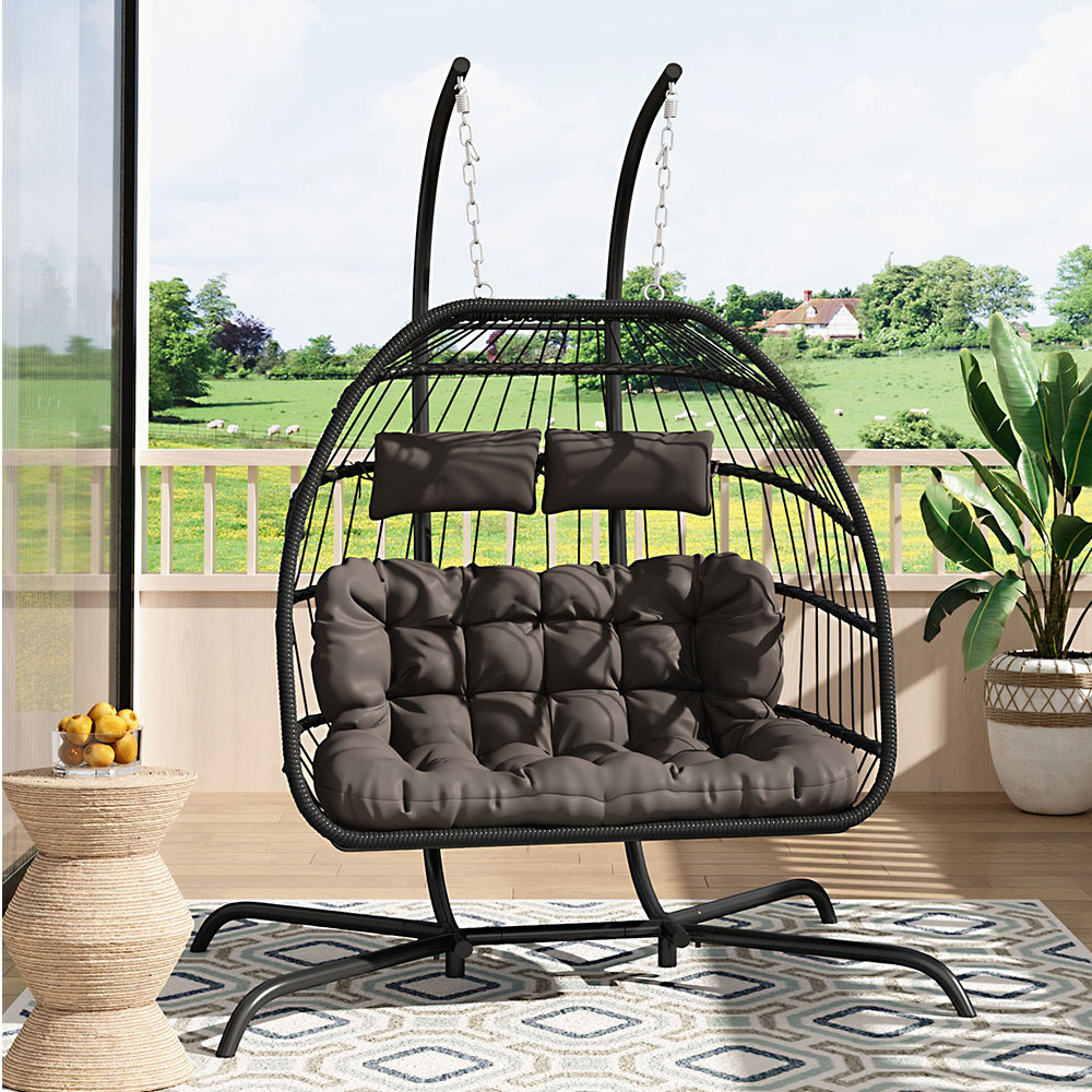Living and Home 2 Seater Black Garden Hanging Egg Chair with Cushions Image 8