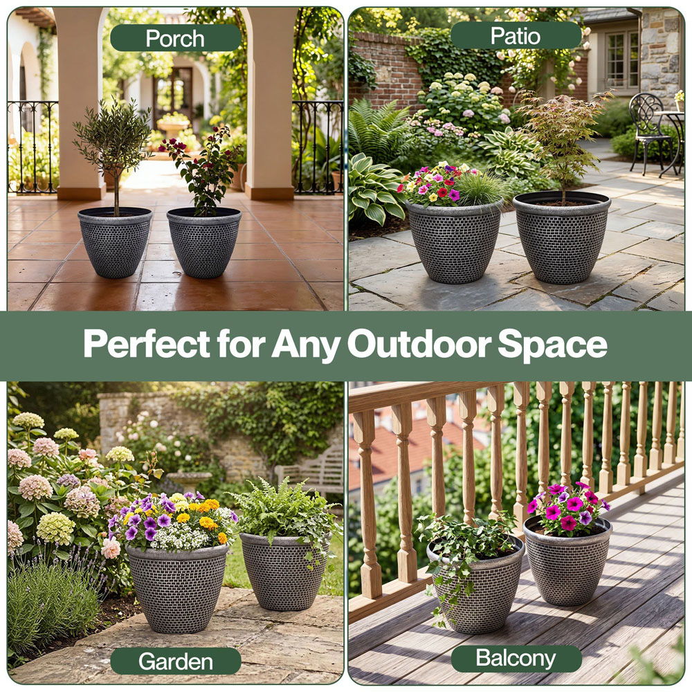 TOQUE Black Antique and Silver Effect Plastic Garden Plant Pot with Drainage Holes 30cm 2 Pack Image 6