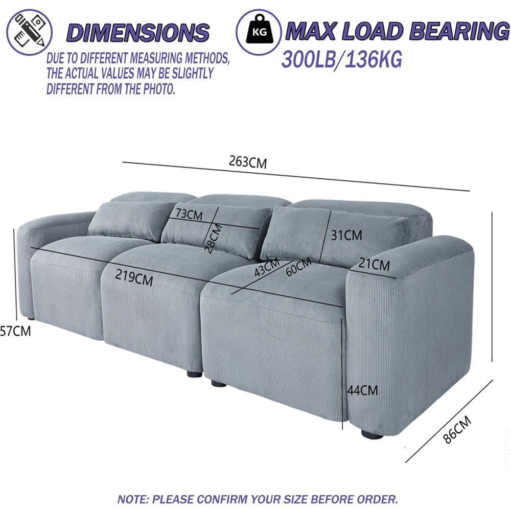 Furniture One 3 Seater Spring Cushion Corduroy Sofa Image 9