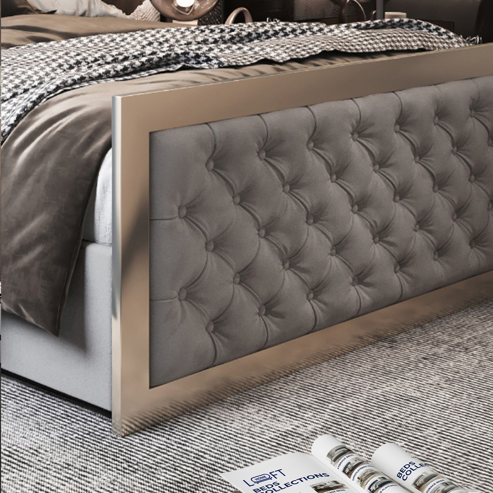 Maddison Grey Single Velvet Upholstered Metal Bed Frame with Padded Headboard Image 4