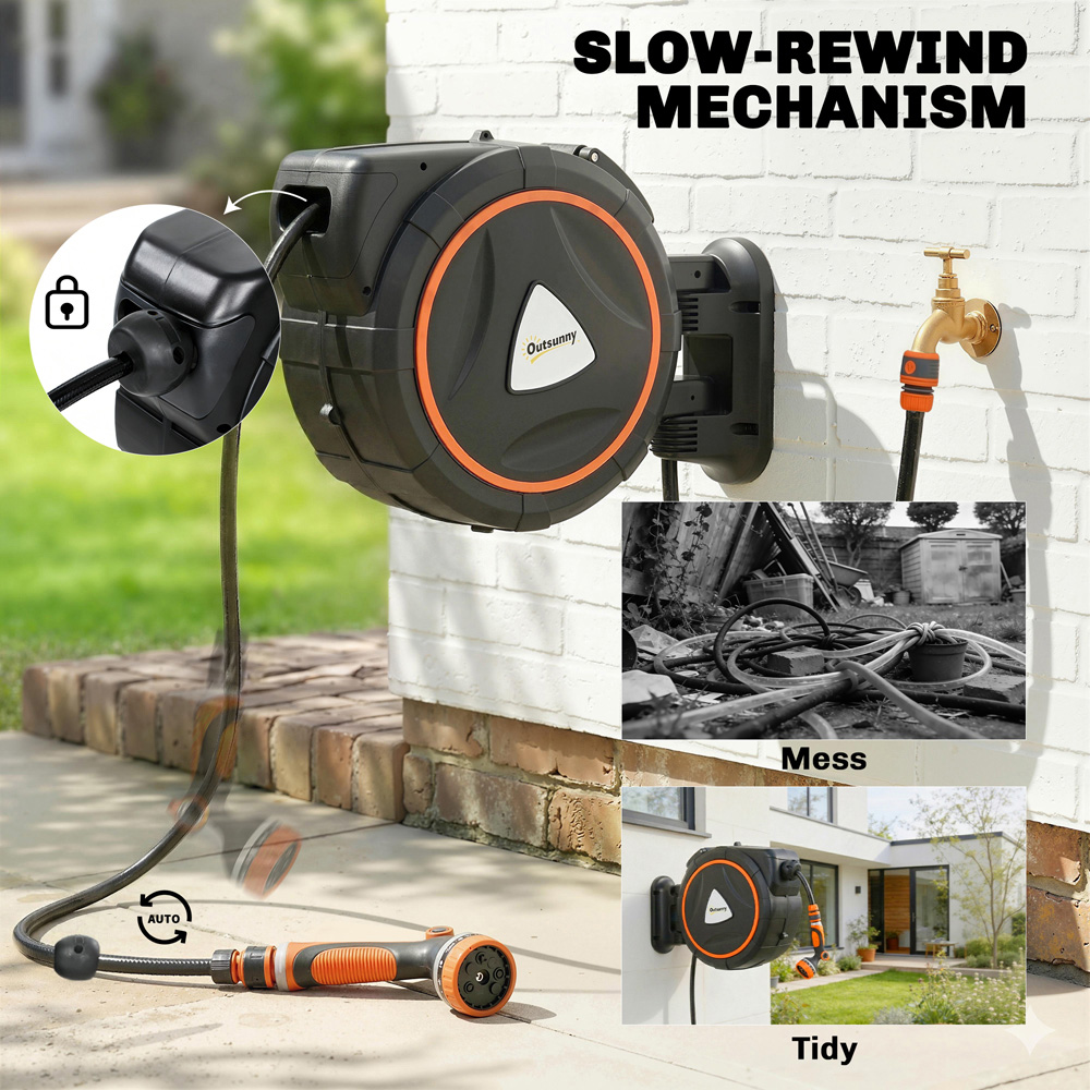 Outsunny 28m Black and Orange Wall-Mounted Retractable Hose Reel with Auto Retraction Image 6