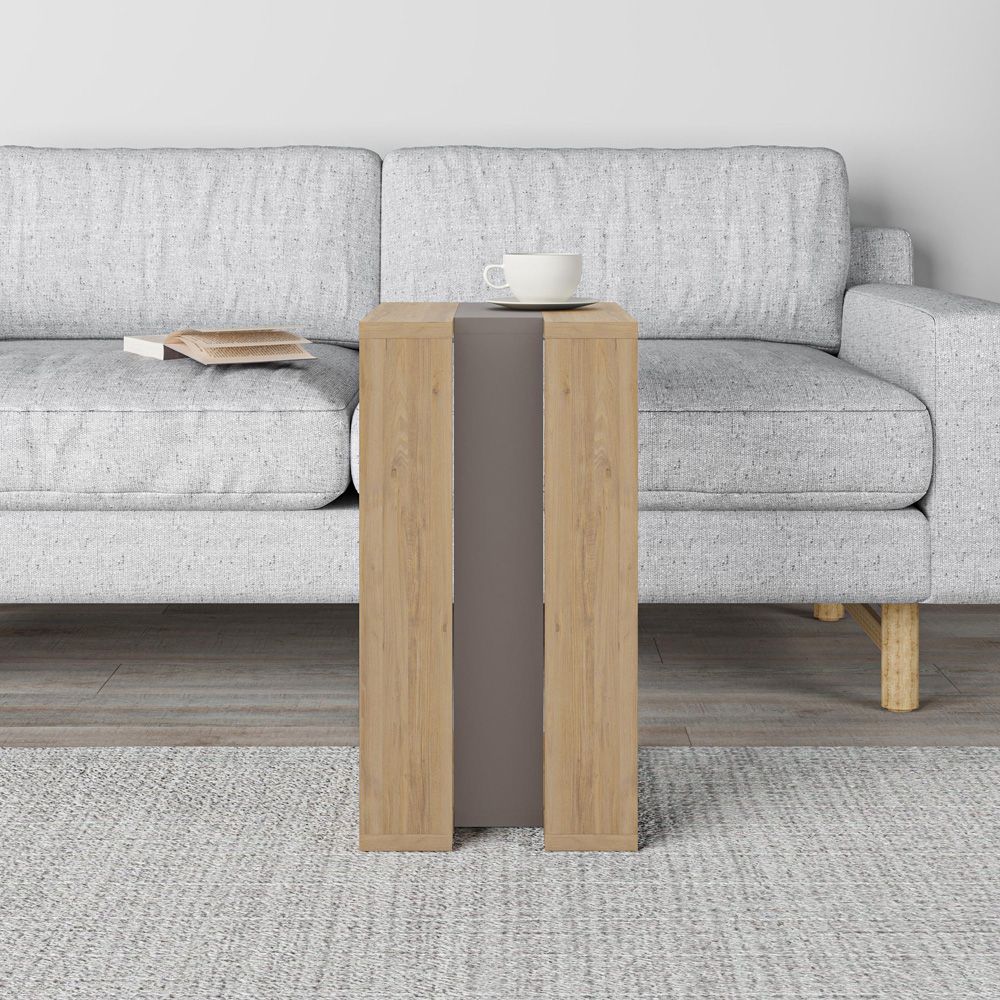 Decortie Muju Oak and Mocha Grey C Shape Side Table with Side Support Image 4
