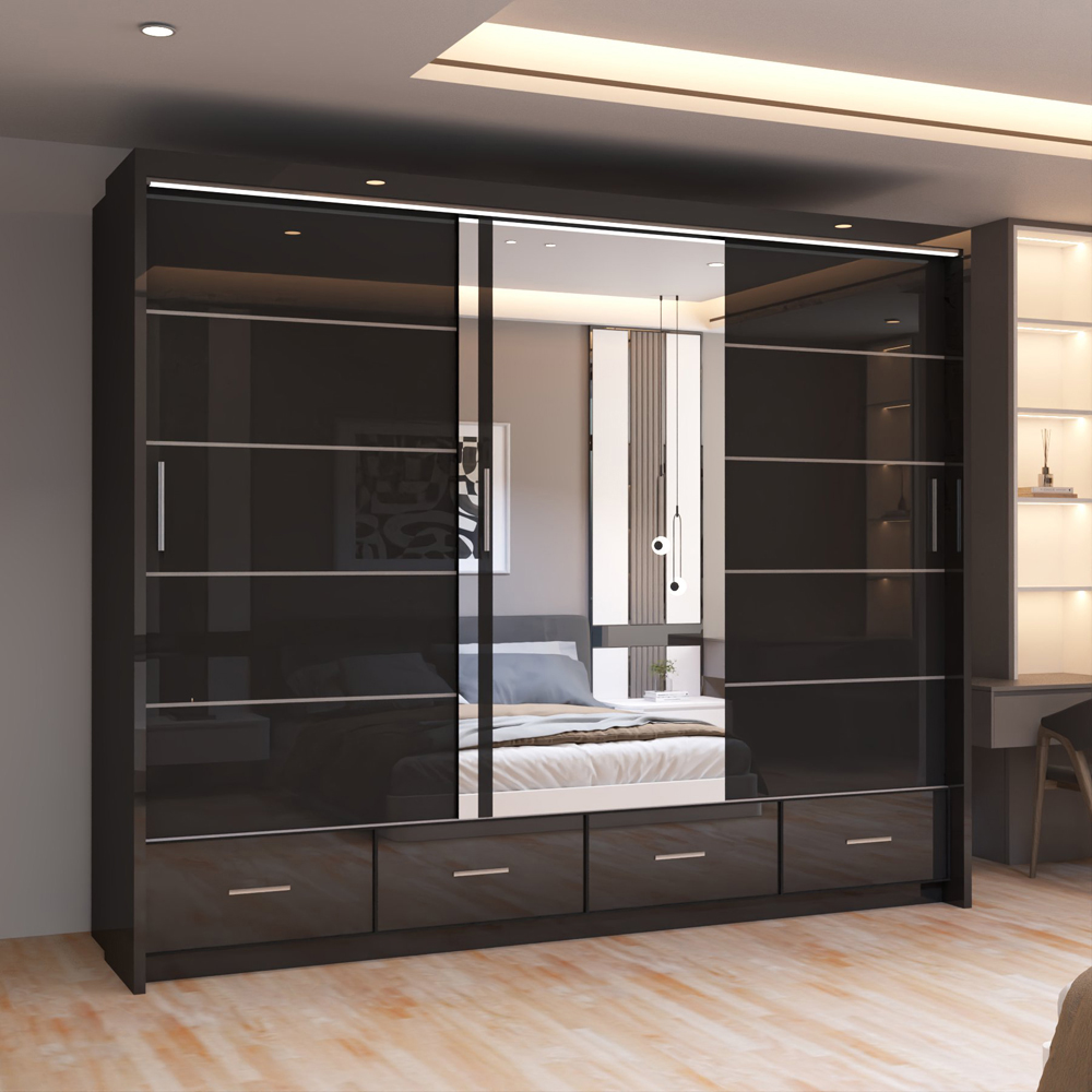 Sliding Wardrobes 4U 2 Sliding Door Black Modern High Gloss Central Mirrored Wardrobe Image 3
