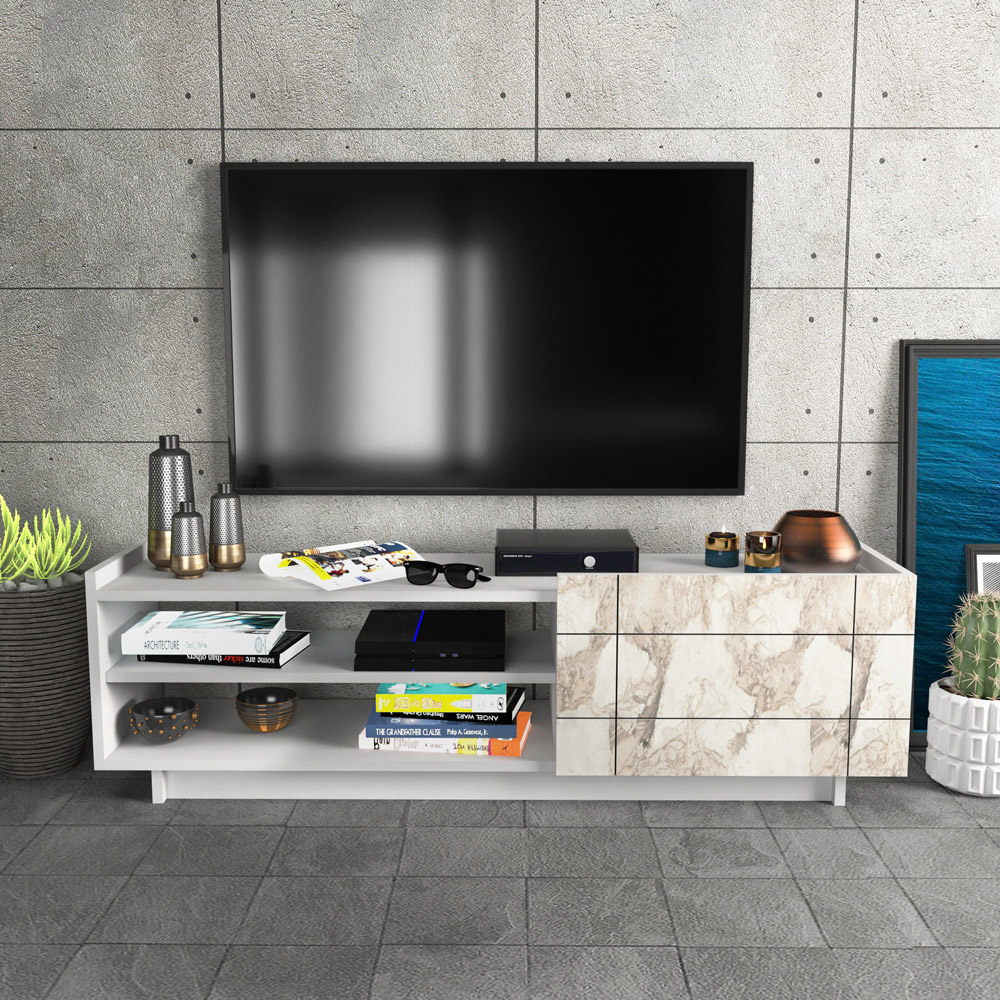 Decorotika Valantina Single Door 2 Shelf White Marble Effect and White TV Unit Image 4