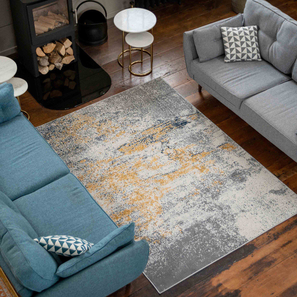 Kukoon Silver Grey and Ochre Distressed Abstract Rug 150 x 80cm Image 2
