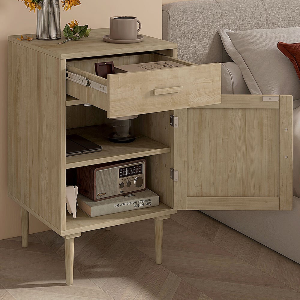 Portland Single Door Single Drawer Rattan Natural Bedside Table Image 1