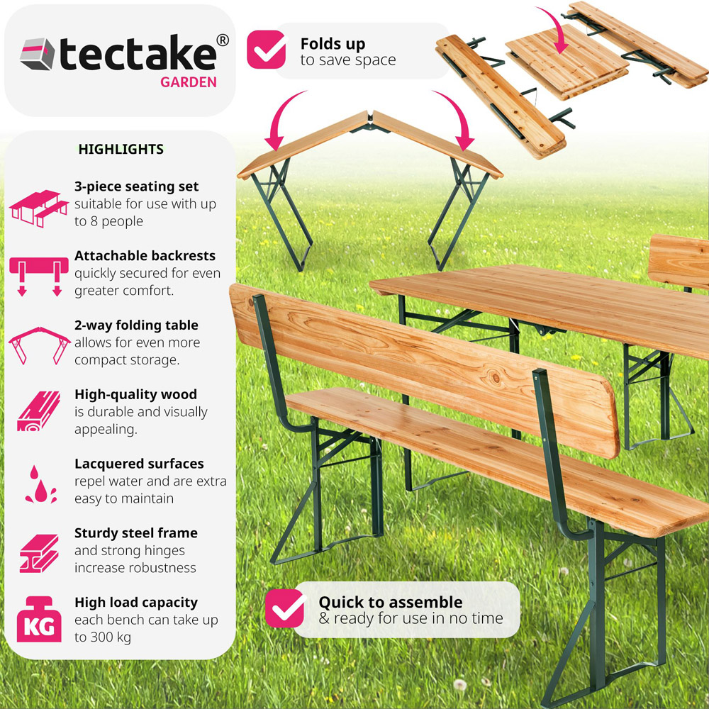 tectake 8 Seater Folding Dining Table with Bench Set Brown Image 3