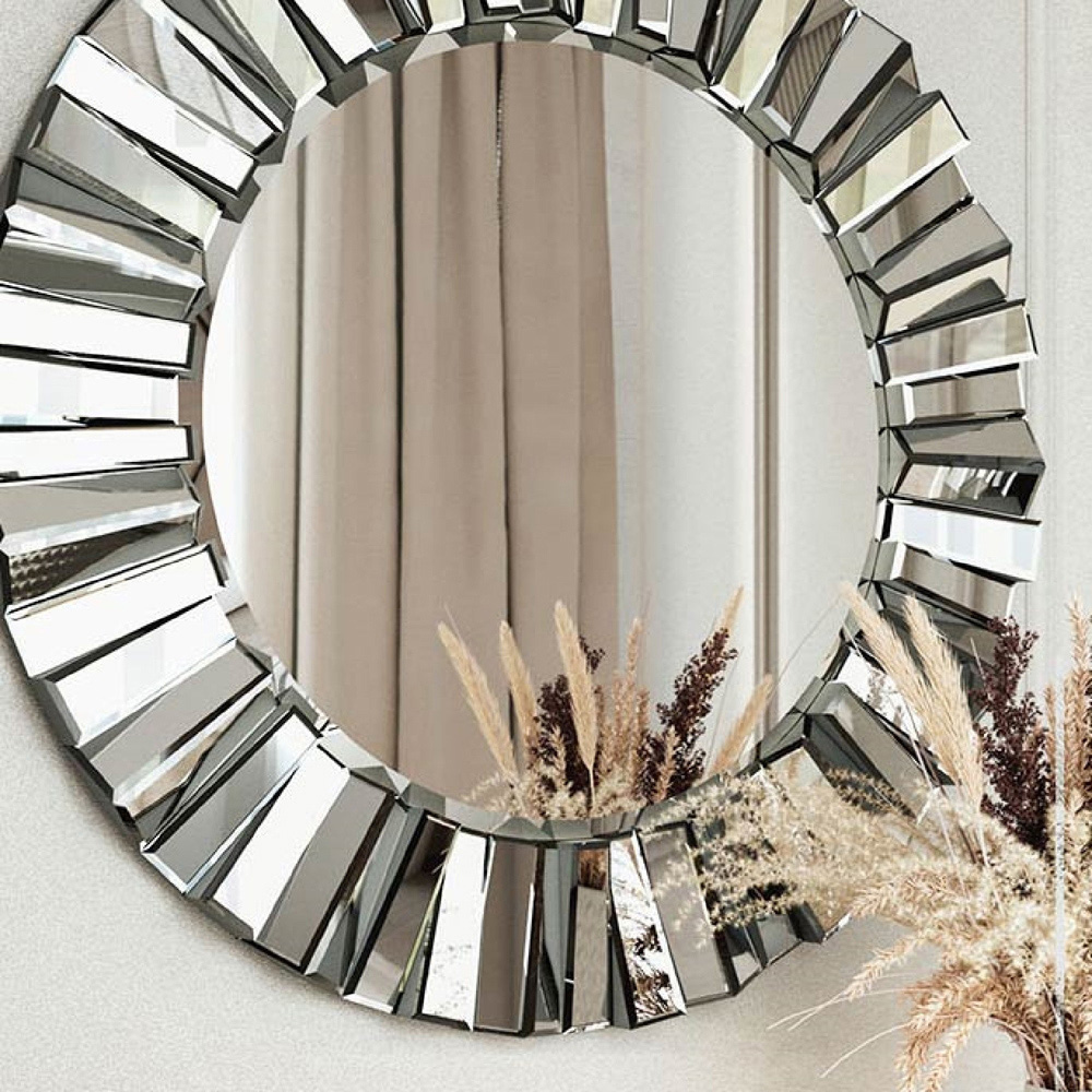 CARME Home Knightsbridge Grey and Silver 3D Round Wall Mirror Image 3