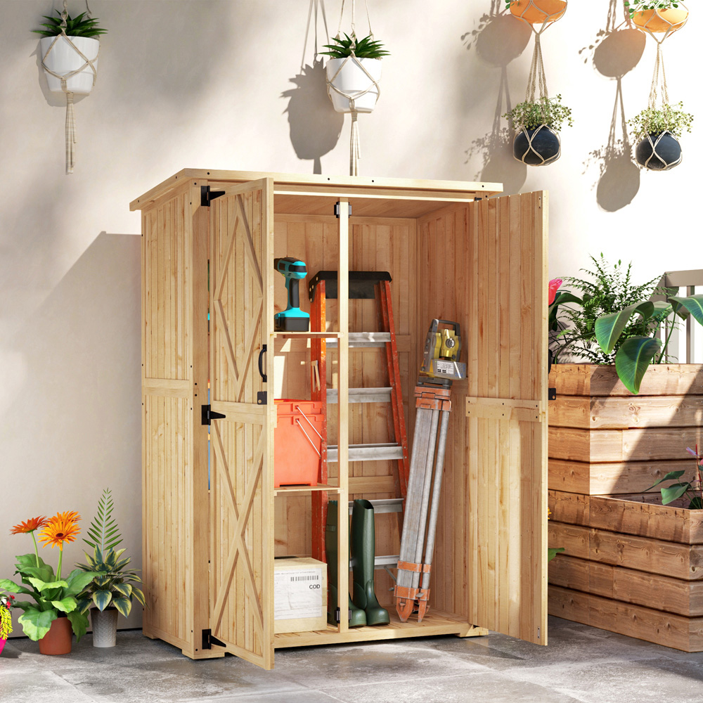 Outsunny 5.4 x 3.8ft Natural Double Door Wooden Tool Storage Cabinet Image 2