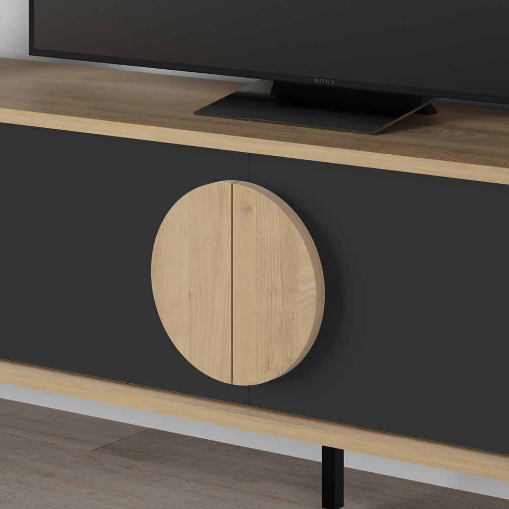 Decortie Gora 4 Door Oak and Silky Black TV Unit with Circle Handle Image 3