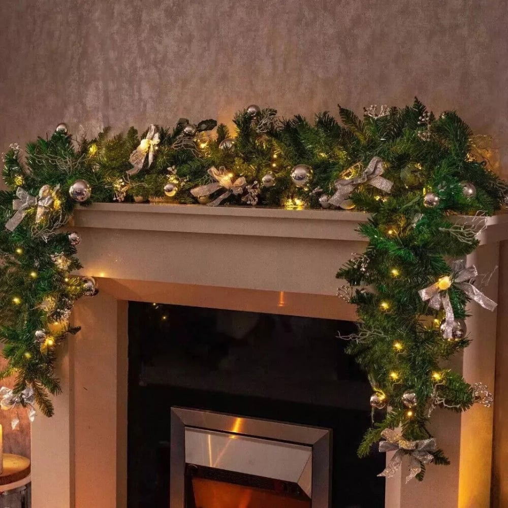 Marco Paul Pine Effect Artificial LED Christmas Garland with Silver Baubles 270cm Image 2