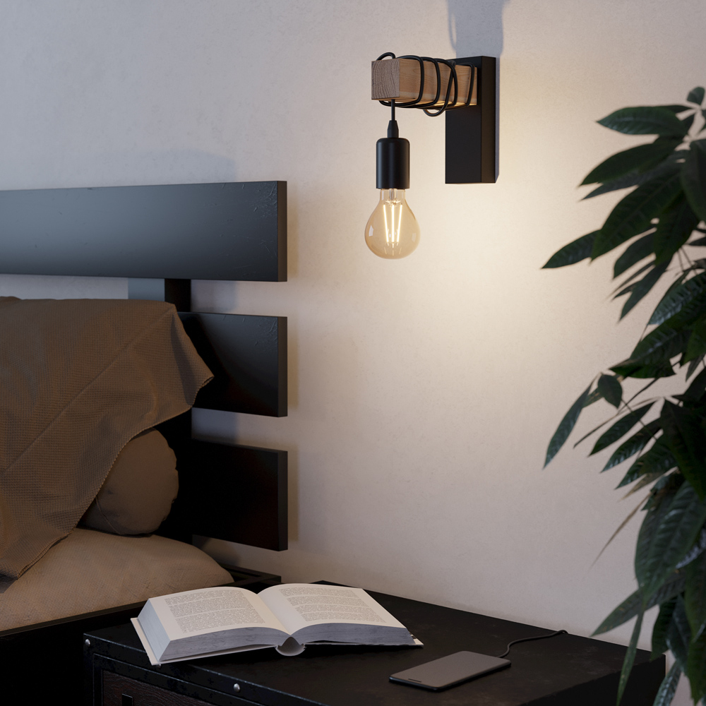 EGLO Townshend Metal and Wood Black Wall Light Image 2