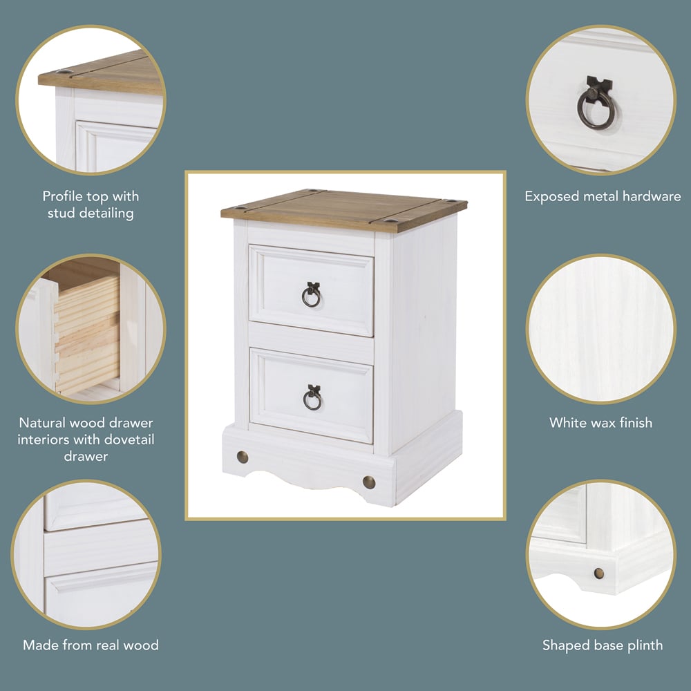 Corona 2 Drawer White Washed Wax Petite Bedside Table Image 6