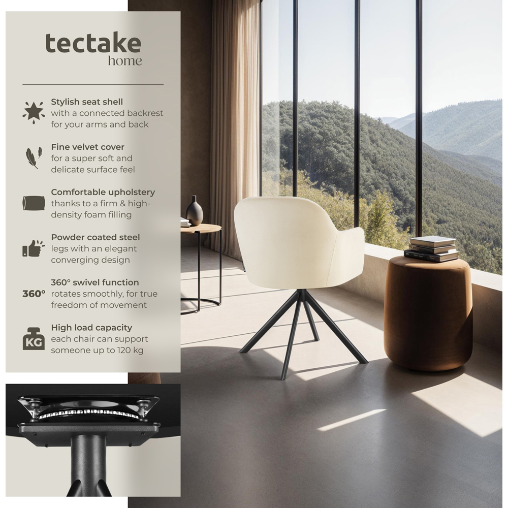 tectake Set of 4 Cream and Black Velvet Swivel Accent Armchair Image 6