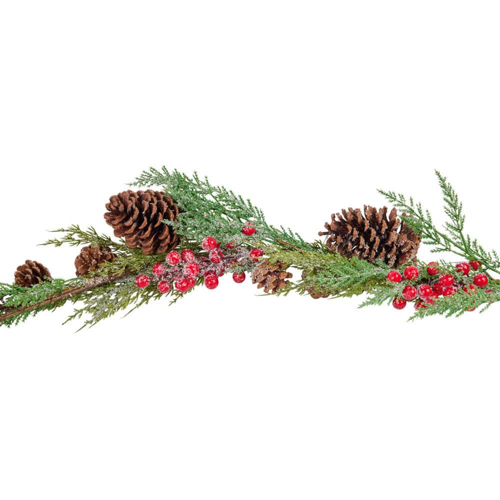 LED Frosted Red Berry Pinecone Garland Image 1