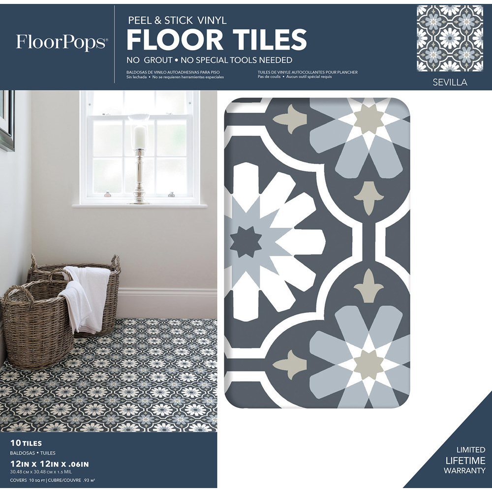 Floorpops Sevilla Dark Grey and White Peel and Stick Floor Tile 30.48 x 30.48cm 10 Pack Image 7
