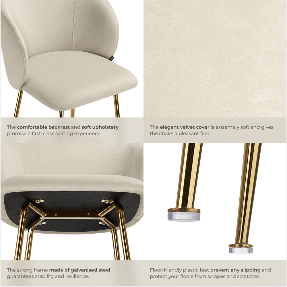 tectake Luana Cream and Gold Velvet Look Padded Bar Stool Set of 4 Image 5