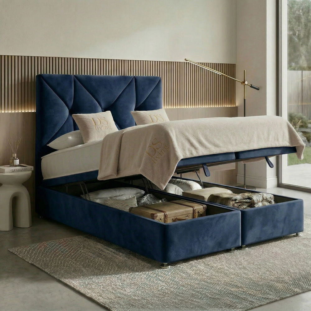 DS Living Eclipse Double Dark Blue Plush Velvet Ottoman Bed Image 2