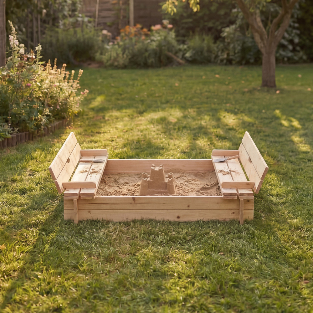 Charles Bentley Wooden Sandpit with Fold Down Benches Image 2