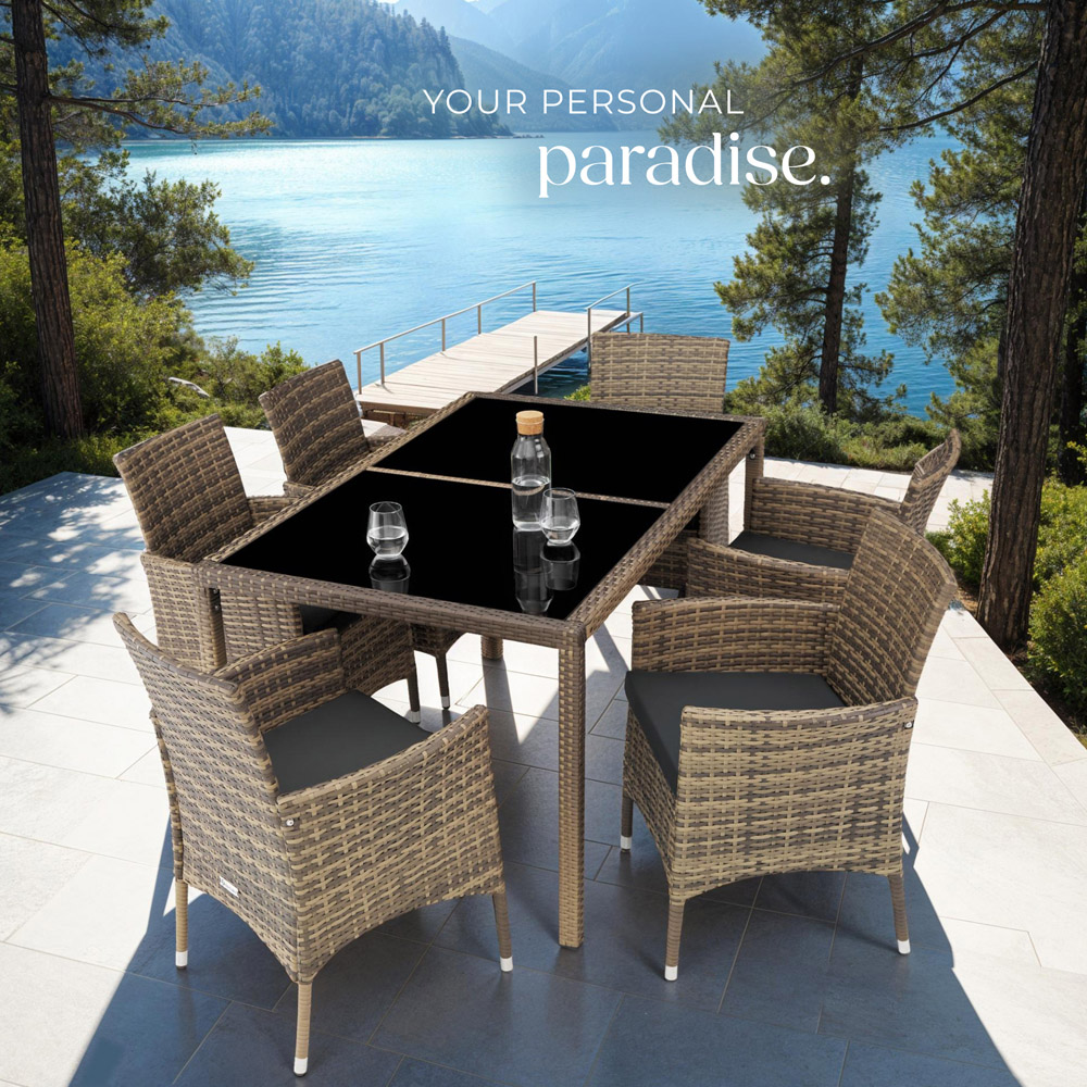 tectake Lisbon 6 Seater Rattan Garden Dining Set Natural and Dark Grey Image 3