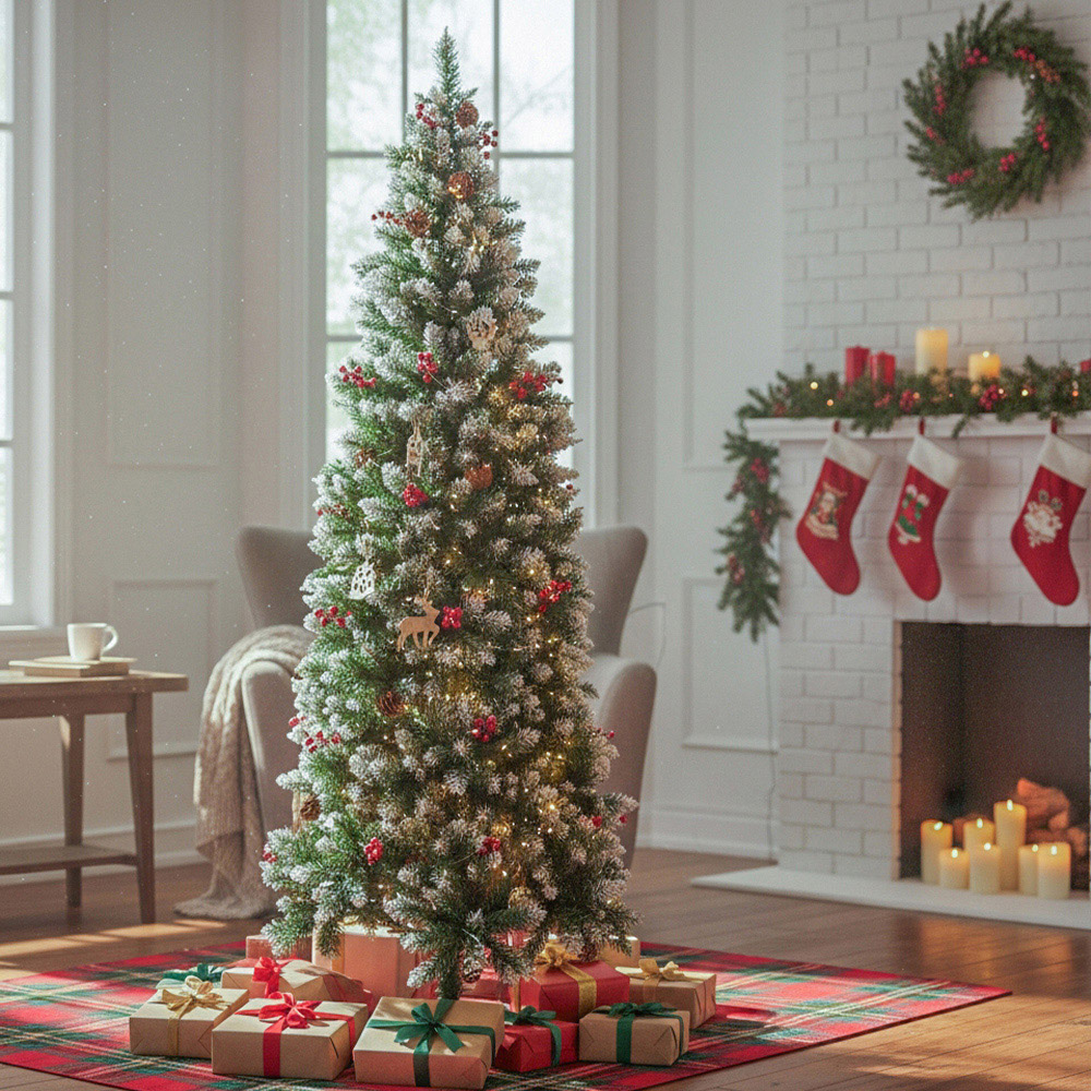 Living and Home Pine Cones and Red Berries Snow Flocked Artificial Christmas Tree 6.8ft Image 2