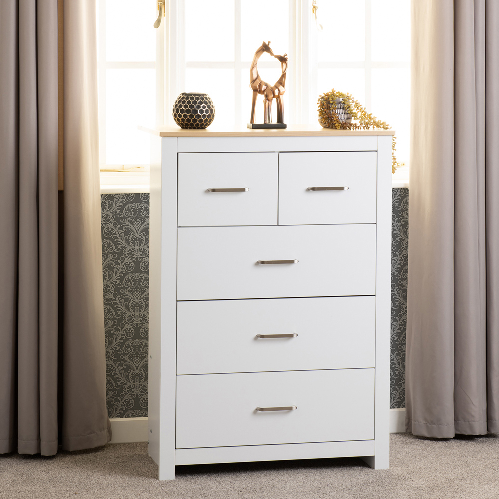 Seconique Portland 5 Drawer White and Oak Effect Chest of Drawers Image 9