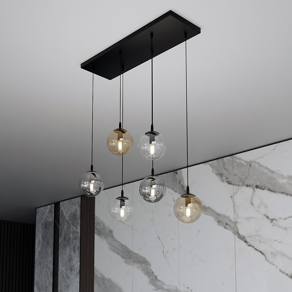 Emibig Cosmo 6 Light Transparent Graphite and Amber Shade Black E14 Ceiling Pendant Light Image 2