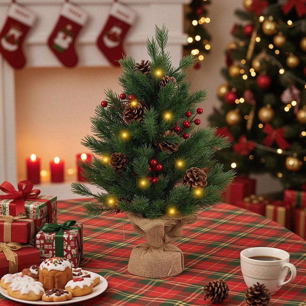 Living and Home Red Berries and Pinecones LED Mini Artificial Christmas Tree with 1.8ft Image 7